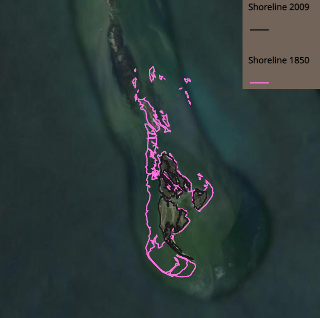 shoreline of Tangier Island has retreated from 1850 (pink line) to 2009 (black line)