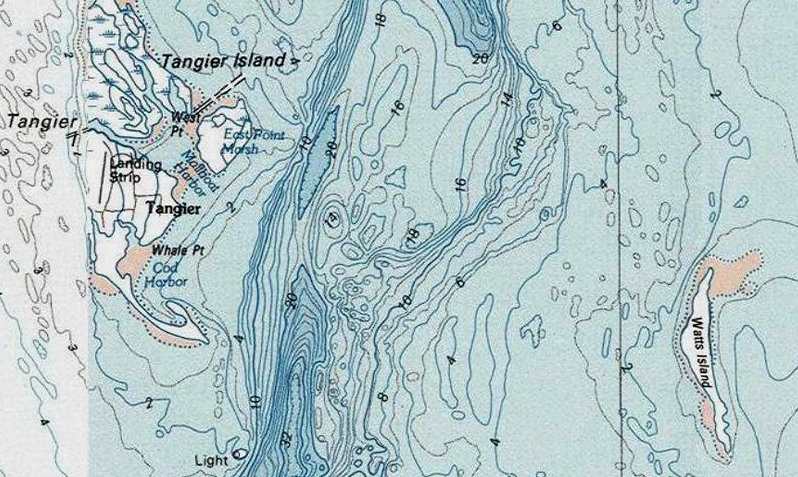 Tangier Sound east of Tangier Island is deep water today, reflecting its origin as a river channel
