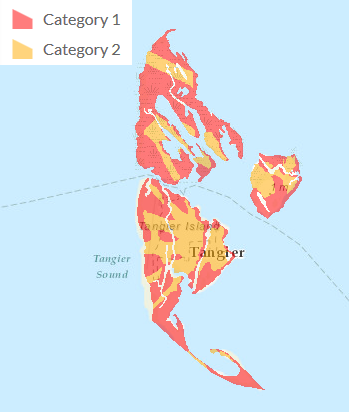 storm surges from Category 1 and Category 2 hurricanes will inundate Tangier