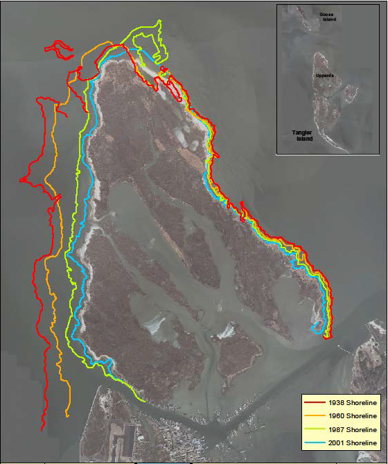 erosion has shifted the shoreline more on the western vs. eastern side of Tangier