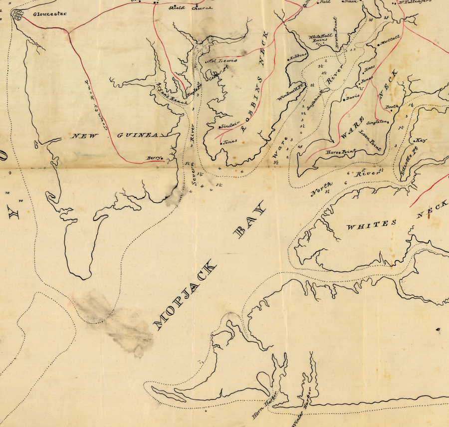 Union mapmakers documented the shoreline of Mobjack Bay during the Civil War, including Robbins Neck, Ware Neck, and Whites Neck