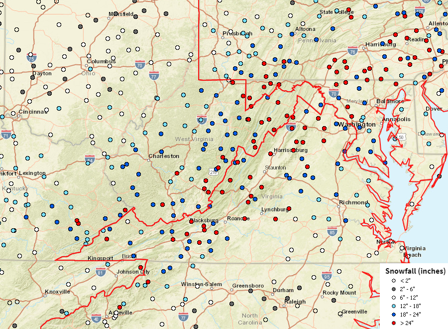 the three-day Blizzard of 1996 (January 6-8, 1996) dropped over two feet of snow in many Virginia locations