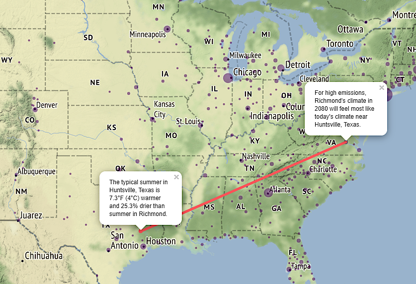 Virginia cities in 2080 will experience temperatures and rainfall currently common much further south