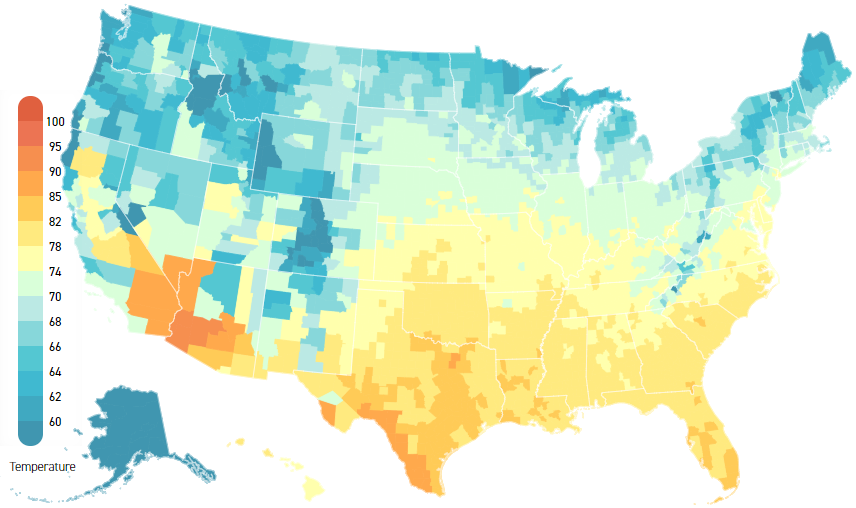 climate change will result in higher average temperatures in summer months  (1981-2010 on top, 2040-2059 on bottom)