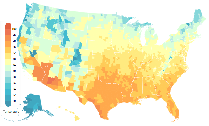 climate change will result in higher average temperatures in summer months  (1981-2010 on top, 2040-2059 on bottom)