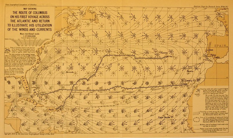 in 1492, Columbus knew to sail south to catch the trade winds near the 30° latitude caused by descending winds of the Hadley cell and the Coriolis effect