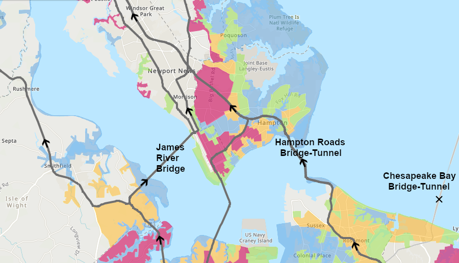 in 2017, state officials assumed some residents in South Hampton Roads would cross the James River Bridge and drive west on the Peninsula