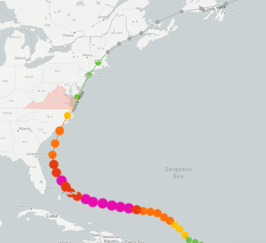 Hurricane Floyd grew from a tropical storm (green) into a Category 3 hurricane (red), then dropped in intensity to a Category 1 hurricane (orange) as it crossed Virginia