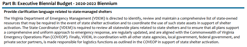 the Virginia Department of Emergency Management is responsible for an inventory of potential shelter locations