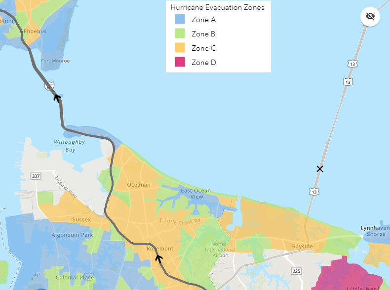 none of the people evacuating from the four color-coded zones in Norfolk/Virginia Beach should use the Chesapeake Bay Bridge-Tunnel because high winds make it dangerous