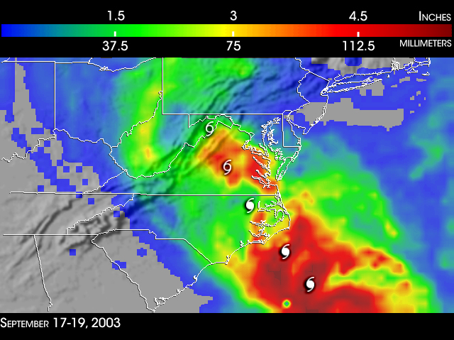 storms such as Hurricane Isabel create storm surges on the coast, and also generate enough concentrated rainfall to flood valleys in the Blue Ridge