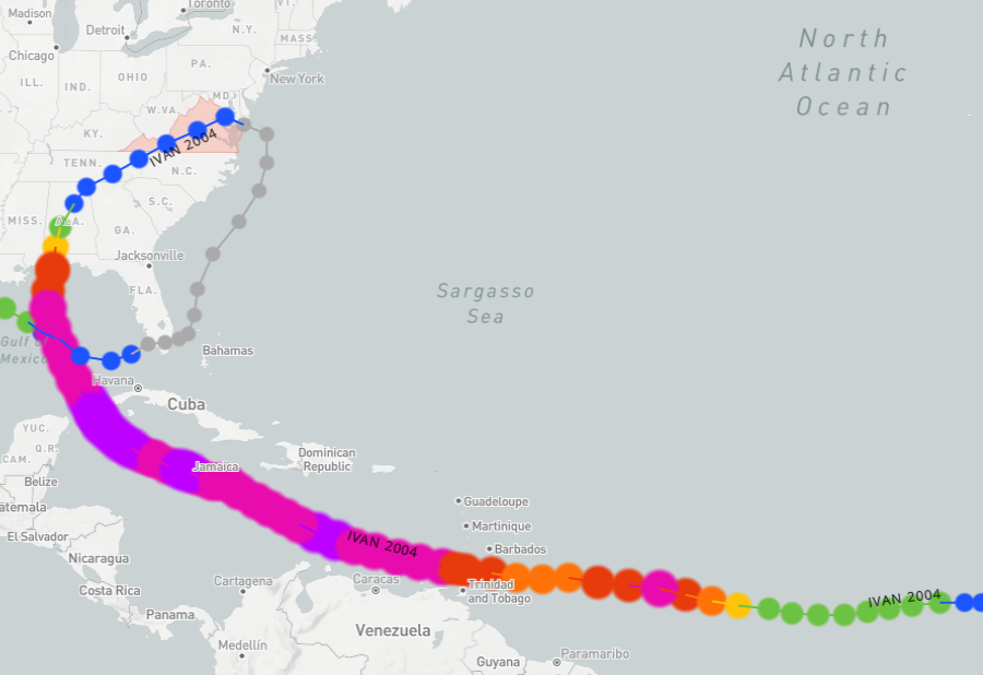 Hurricane Ivan passed through the Gulf of Mexico before moving through Virginia (then looped back to the Gulf on an unusual track)