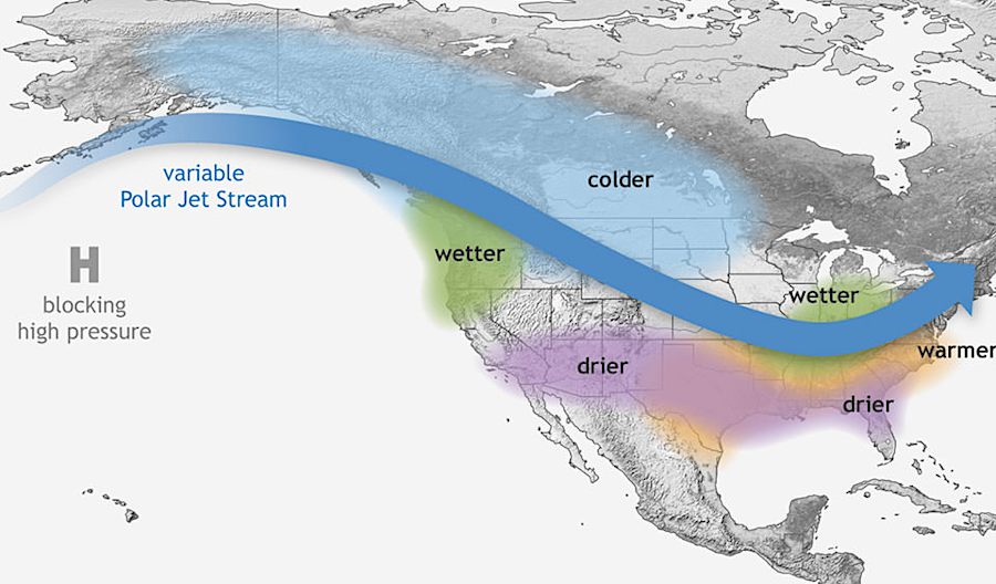 during a La Niña  period, cold air from the north blocks moisture-rich Gulf of Mexico air from Virginia and can lead to droughts