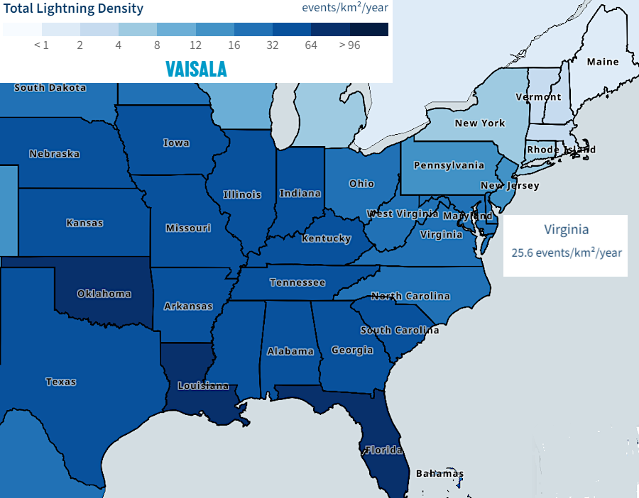 lightning strike density reflects the changes as storms moving north from Florida lose intensity