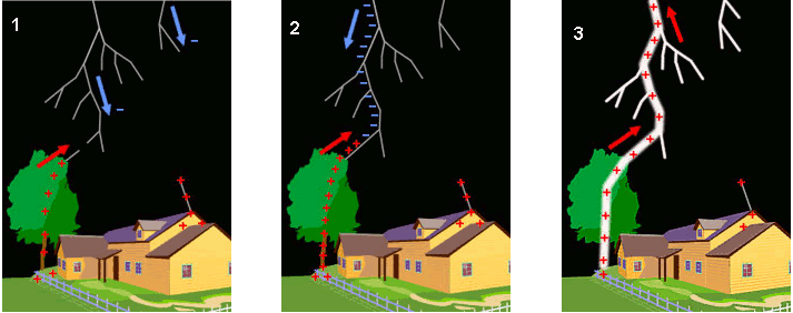 sequence of a lightning strike: 1) a negatively-charged leader from the cloud stimulates 2) a positively-charged streamer to move up from the ground, and 3) the return flash from ground to sky creates the bright light that people see as a lightning bolt