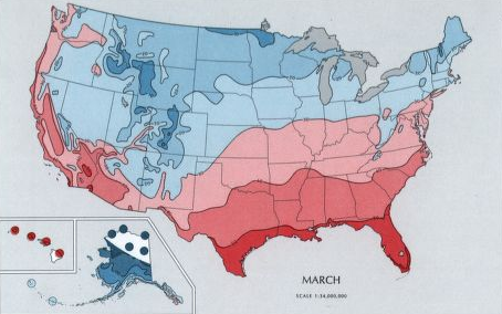 the minimum temperature in November-March show how Hampton Roads stays warmer, thanks to the mitigating impact of the nearby water