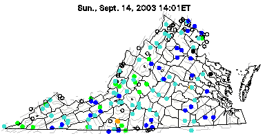 in 2003, rivers were at above-average high flow levels (blue dots)