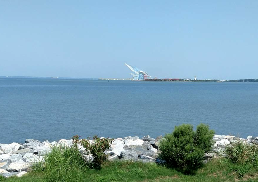 location of the proposed storm surge barrier across the Lafayette River, looking north to Norfolk International Terminals (NIT)