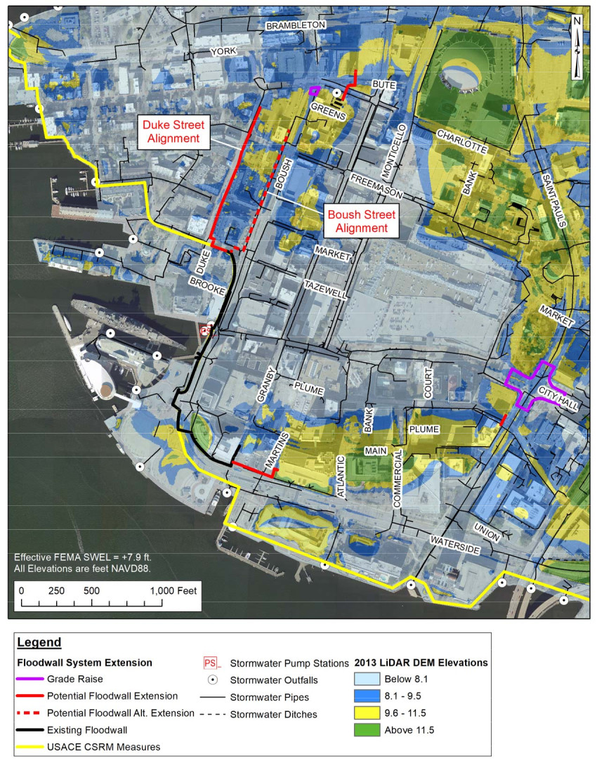 the Corps of Engineers plans to extend the existing floodwall (black line) east to Campostella Road and west to The Hague (yellow line)