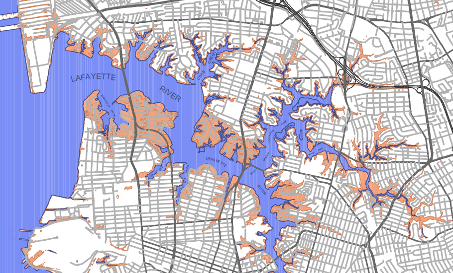 low-lying areas adjacent to Lafayette River, and expected to flood from storm surge of a Category 1 hurricane