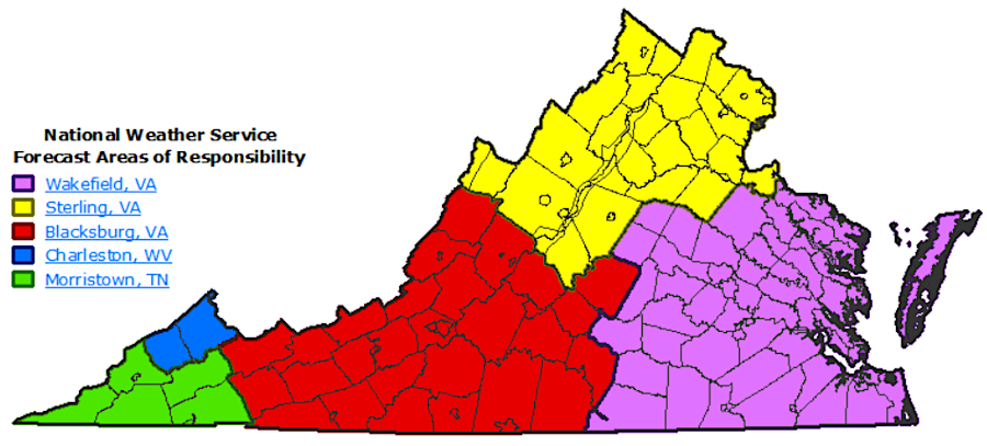 six different National Weather Service offices provide weather forecasts for places in Virginia