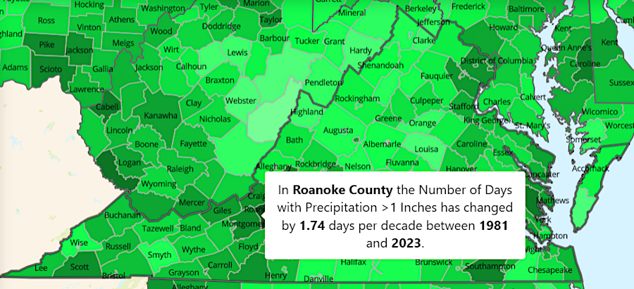 intense storms dropping at least 1 inch of rain in Virginia are increasing as the atmosphere warms