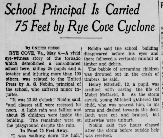 Virginia's most-deadly tornado killed 12 students and one teacher at Rye Cove in 1929