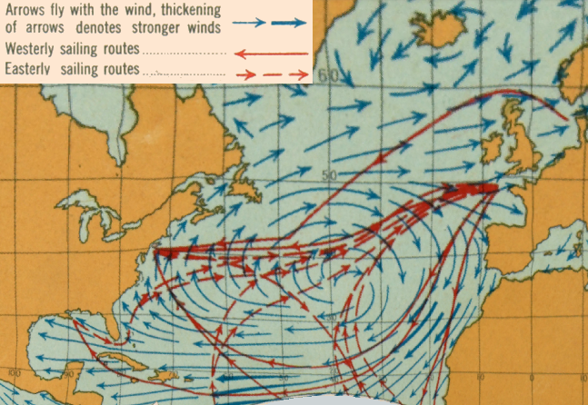 the most-direct route from England to Virginia required tacking against westerly winds, so ships often sailed south to the Azores and then west across the Atlantic Ocean following the same track as hurricanes