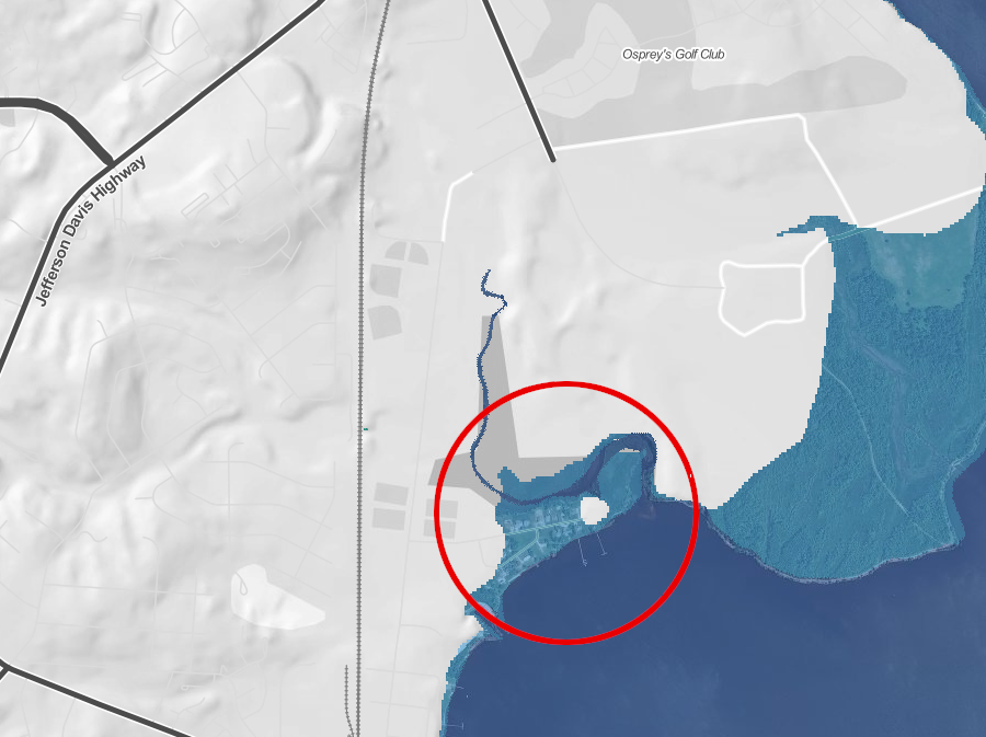 in Prince William County, houses on Bay Street east of Veterans Park are at risk if sea level rises four feet