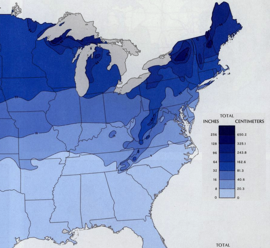 counties closer to the Atlantic Ocean get fewer inches and fewer days of snow each year