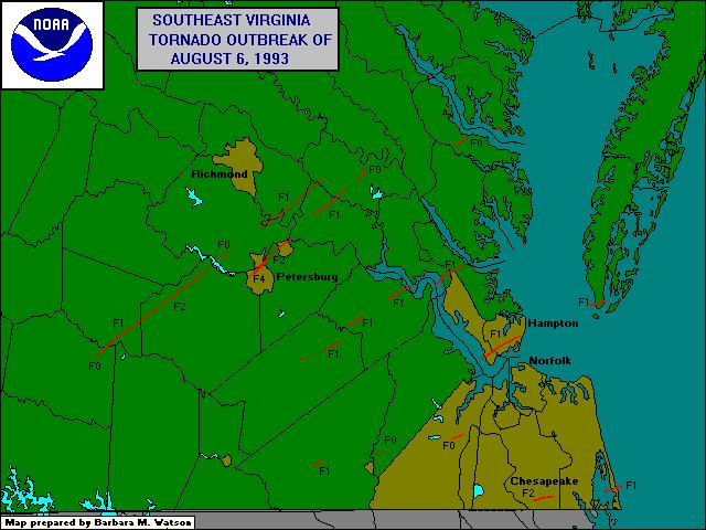 18 tornadoes crossed southern Virginia on August 6, 1993