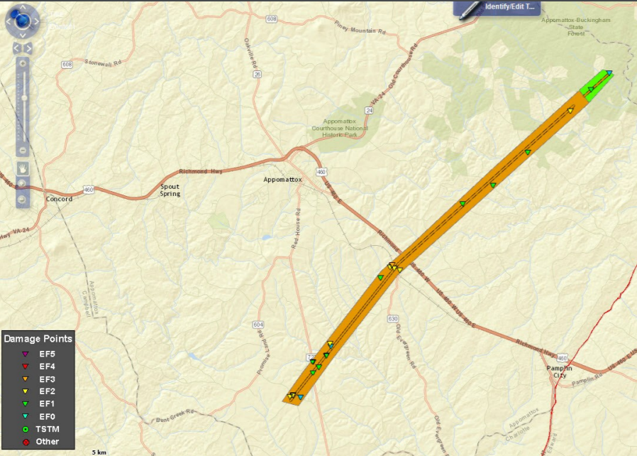 a tornado in February, 2016 crossed through 17 miles in Campbell and Appomattox counties