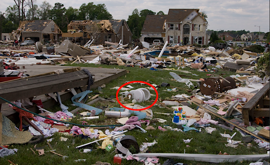 the 2008 EF-3 tornado in Suffolk created a debris field, including a toilet left in the yard