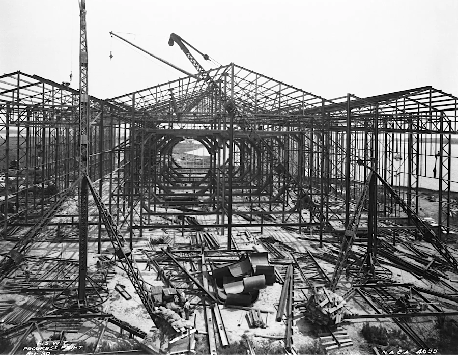 the Full-Scale Tunnel under construction in 1930, testing a full-sized Navy plane in 1931, and in 1979