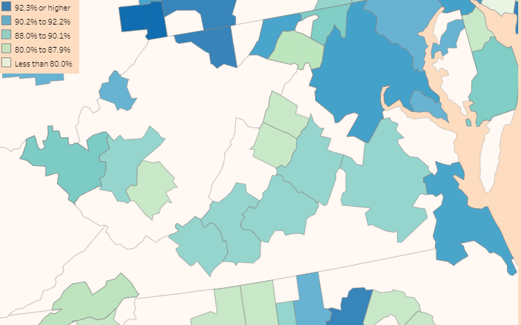 in Virginia's most-rural areas, less than 80% of the population over 25 has completed high school