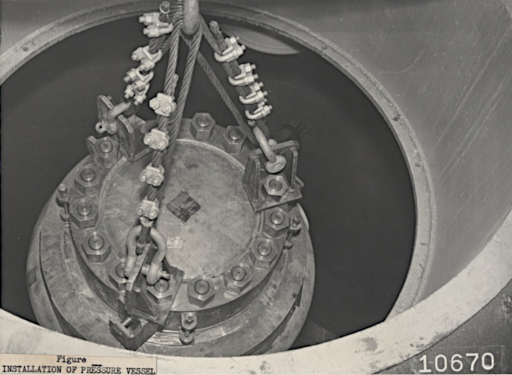 the Reactor Pressure Vessel (RPV) being installed originally in the SM-1 reactor in 1957