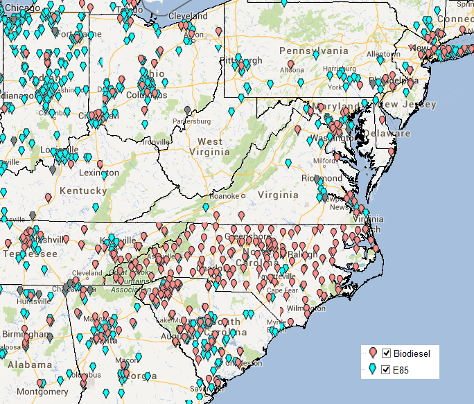 a 2013 map of Alternative Fuel Stations shows wide availability for customers throughout North/South Carolina compared to narrow availability in urban areas of Virginia