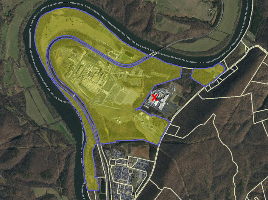 BWX Technologies purchased land/building from Framatome (red X) and established the BWXT Innovation Campus on Mount Athos Road