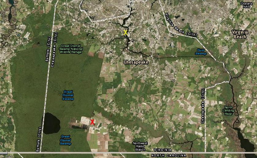 the 2016 proposal to put 63,500 solar photovoltaic panels on farmland (red X) was countered by suggestions to put the solar system at the former Chesapeake Energy Center (yellow X)