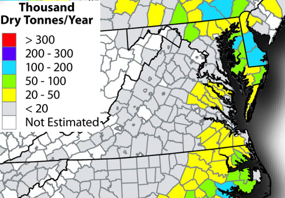 Southeastern Virginia, the Northern Neck, and the Eastern Shore have the greatest potential to provide crop residues for biomass energy