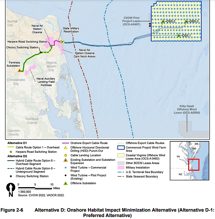 the Coastal Virginia Offshore Wind (CVOW) project stretched inland to the Fentress substation