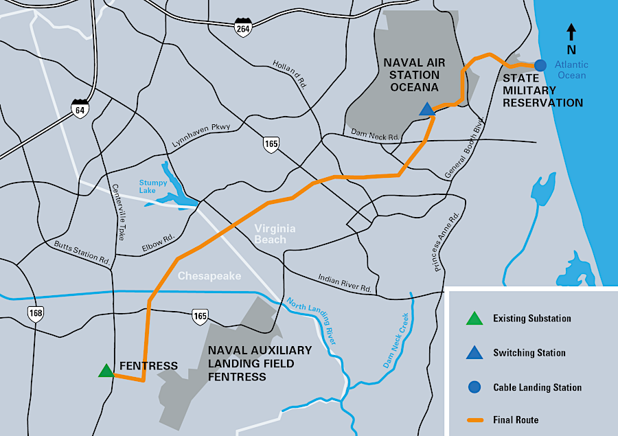 transmision lines needed to carry 2,600 MW from the offshore turbines to the State Military Reservation/Camp Pendleton, then to Fentress Substation