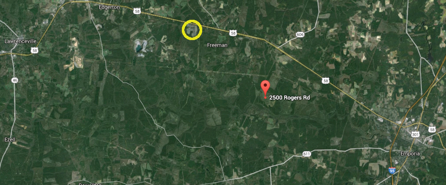 Dominion Virginia Power's 1,600MW power plant in Greensville County will be constructed five miles east of the 590-megawatt Bear Garden Power Station completed in 2011 (yellow circle)