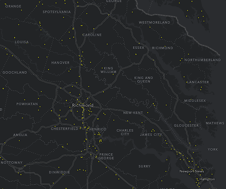 the lower demand for electricity on the Middle Peninsula and Northern Neck is reflected by the lower number of substations east of I-95