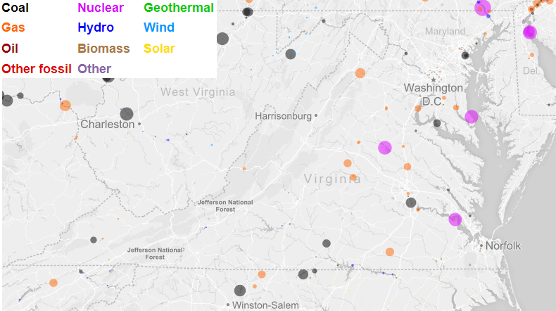 location of facilities that generated electricity in 2016, before large solar facilities were built