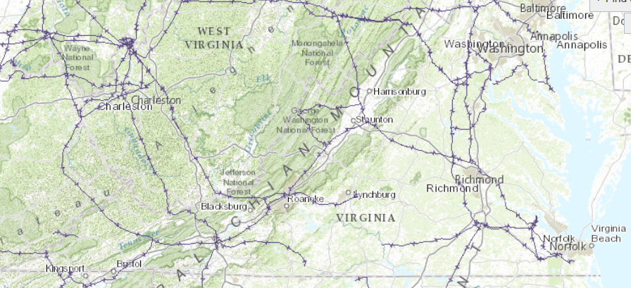 high voltage transmission lines greater than 345 kilovolts carry energy from power plants west of the Blue Ridge to population centers, especially from Washington to Norfolk (note the absence of such lines on the Eastern Shore and in the Piedmont)
