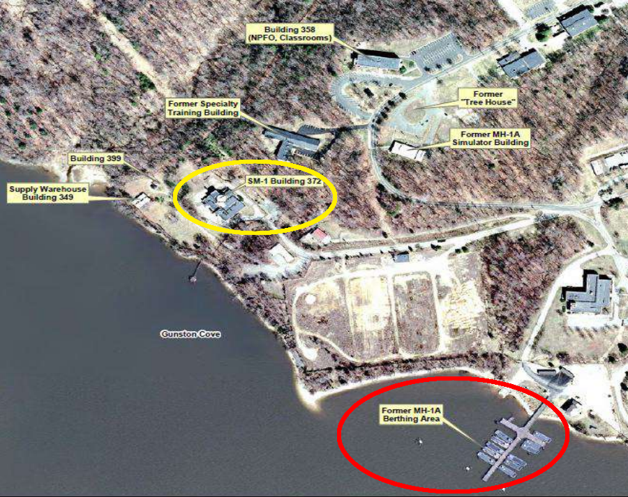 the USS Sturgis was berthed at Fort Belvoir (red), near the SM-1 Nuclear Power Plant and Reactor (yellow)