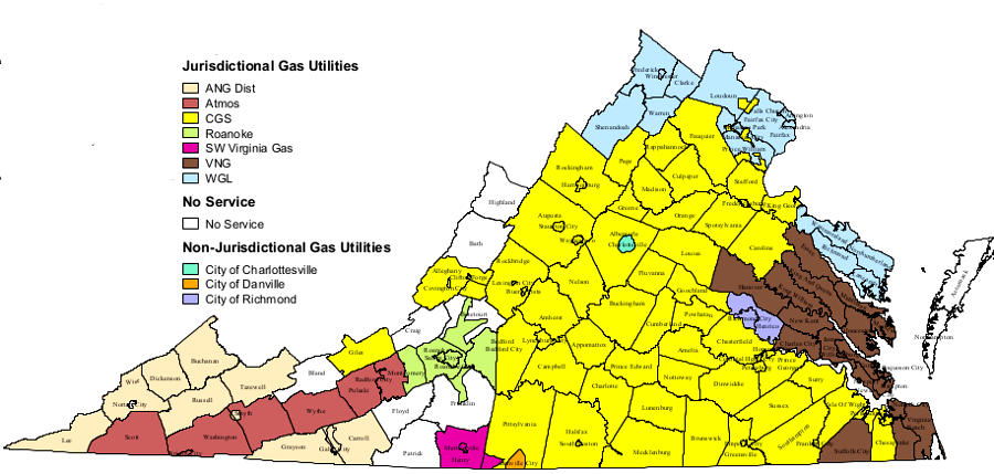 the State Corporation Commission gives natural gas suppliers in Virginia a monopoly to service specific areas, avoiding the cost to build duplicate pipelines to homes