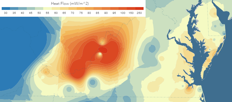 in Virginia, geothermal heat flow reaching the surface (measured in milliwatts/sqare meter) is highest near Bath County