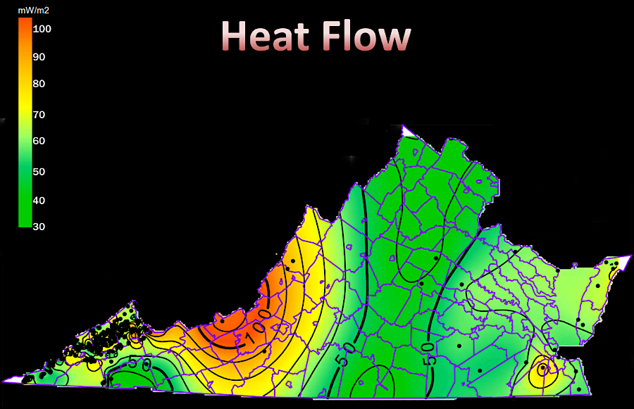 heat flow, the ability of bedrock to conduct heat, is greatest near Bath County